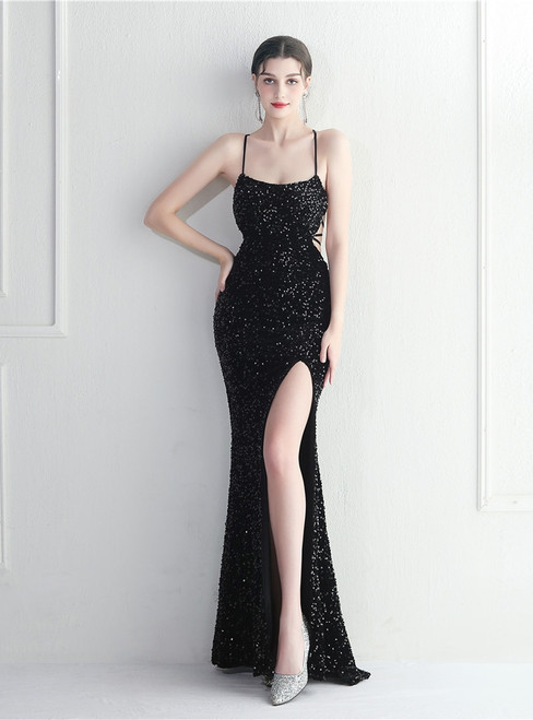 In Stock:Ship in 48 Hours Black Sequins Cross Straps Party Dress