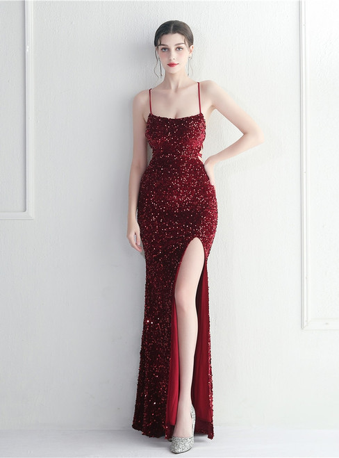 In Stock:Ship in 48 Hours Burgundy Sequins Cross Straps Party Dress