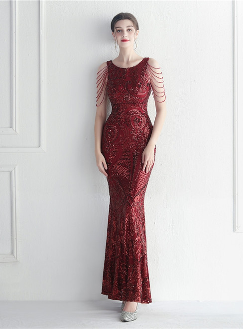 In Stock:Ship in 48 Hours Burgundy Mermaid Open Back Beading Party Dress