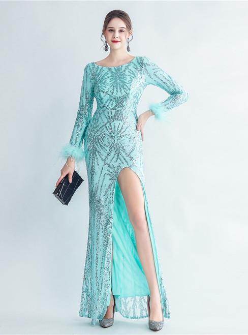 In Stock:Ship in 48 Hours Mint Green Long Sleeve Split Party Dress