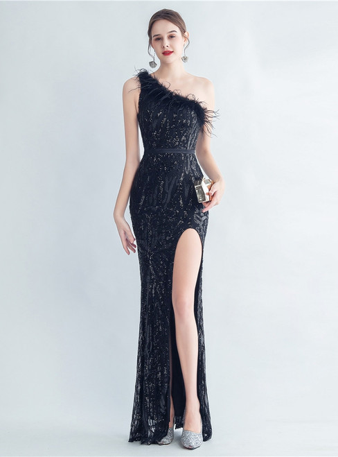 In Stock:Ship in 48 Hours Black Mermaid One Shoulder Feather Party Dress