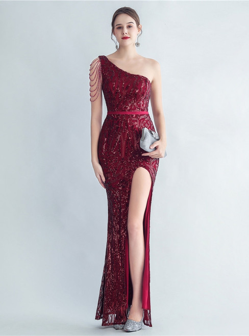 In Stock:Ship in 48 Hours Burgundy One Shoulder Sequins Feather Party Dress