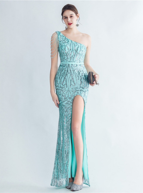 In Stock:Ship in 48 Hours Mint Green One Shoulder Sequins Feather Party Dress