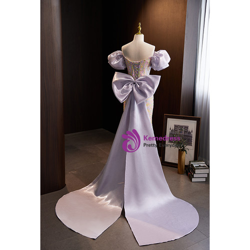 Mermaid Scoop Sequins Tulle Purple Yarn Prom Dress LBQ4146