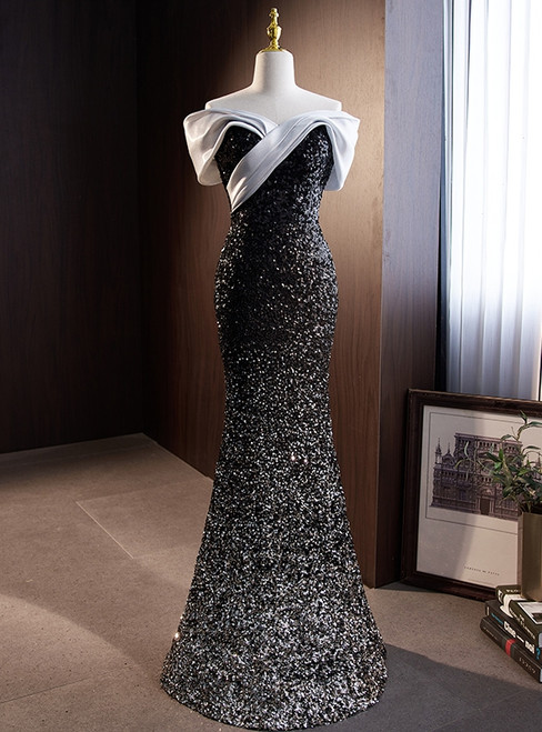 Black Mermaid Sequins Off the Shoulder Prom Dress