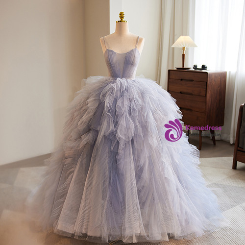 Spaghetti-straps Square Sparkly Red Tulle Ball Gown Long Prom Dresses PO258 main image 1