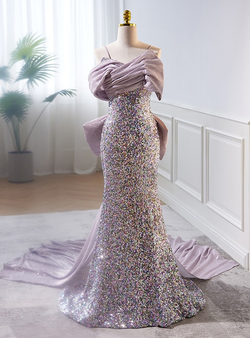 Purple Mermaid Sequins Spaghetti Straps Bow Prom Dress