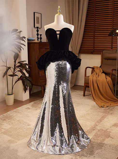 Silver Sequins Black Velvet Strapless Prom Dress
