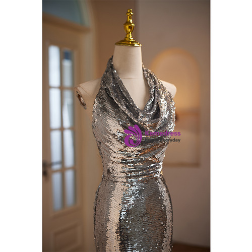 Glamorous Silver Mermaid Halter Neck Deep V Sequin Long Prom Dress Evening Dress cc5193