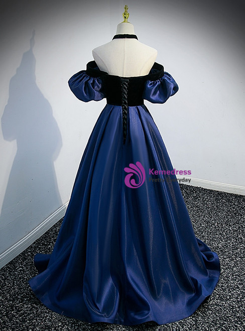 Navy Blue Sweetheart Satin Beaded A Line Long Prom Dresses With Bow