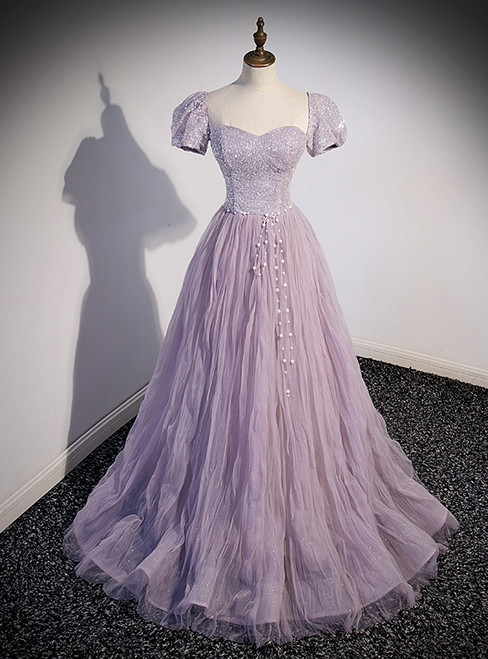 Purple Tulle Sequins Strapless Prom Dress