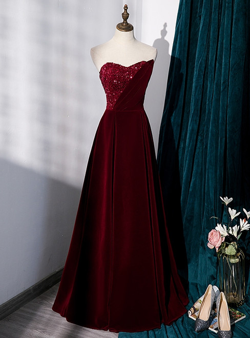 Burgundy Velvet Sequins Strapless Prom Dress