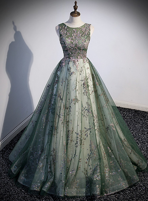 Green Tulle Sequins Backless Prom Dress