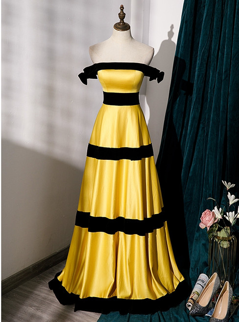 Yellow Satin Off the Shoulder Prom Dress