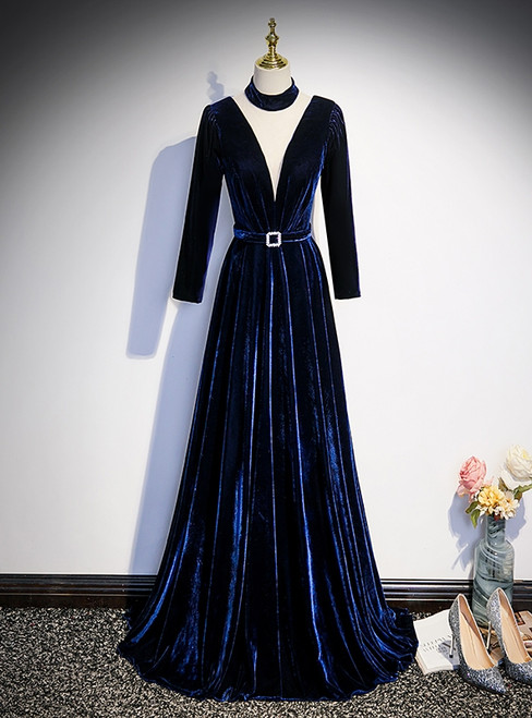 Navy Blue Velvet Long Sleeve Pleats Prom Dress