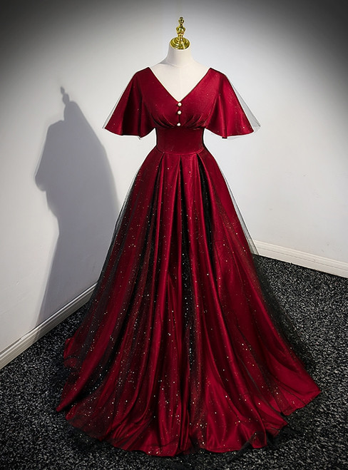 Burgundy Satin Black Tulle V-neck Prom Dress