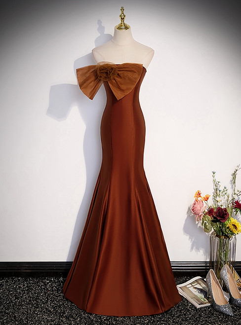 Brown Mermaid Strapless Bow Prom Dress