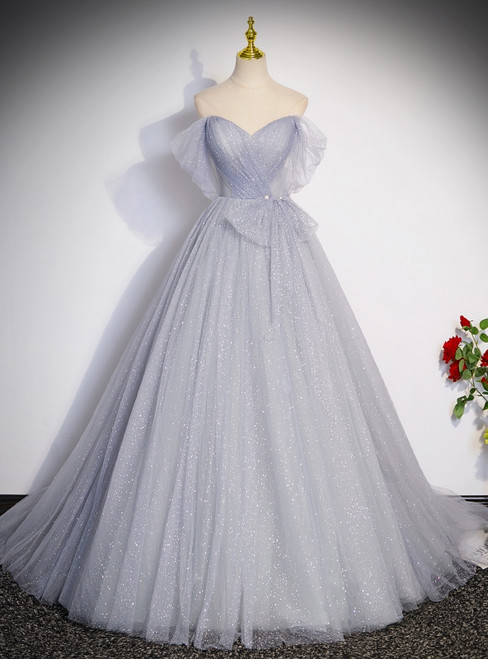 Gray Tulle Sequins Off the Shoulder Pleats Prom Dress