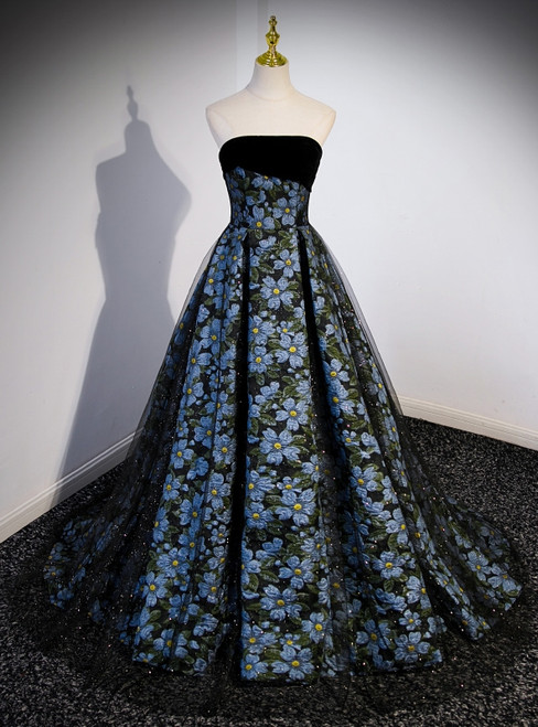 Black Tulle Print Strapless Prom Dress