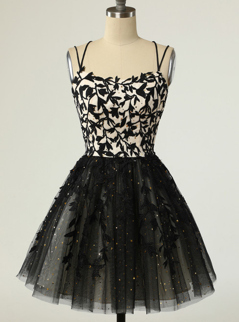 Black Tulle Sequins Appliques Homecoming Dress
