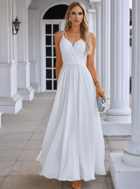 White Chiffon V-neck Pleats Wedding Dress