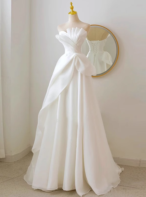 White Organza Strapless Pleated A-Line Wedding Dress with Back Detail