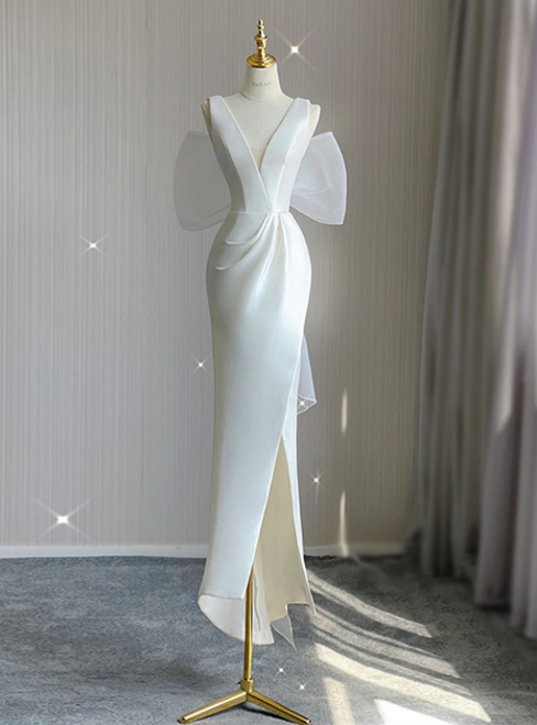 White satin V-neck wedding dress with side split and A-line skirt front view