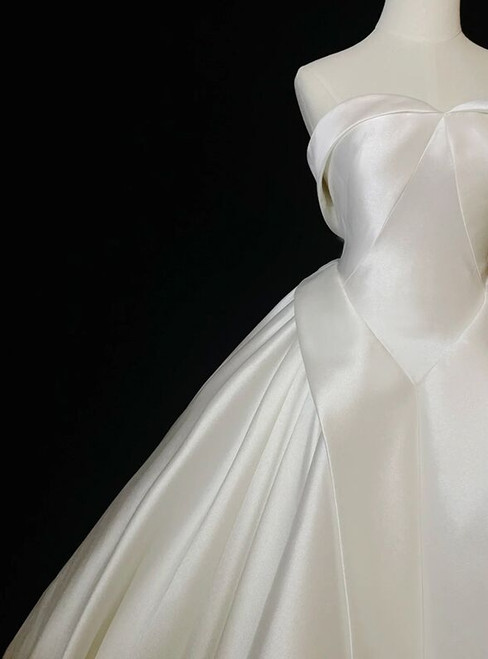 Ivory White Ball Gown Satin Cap Sleeve Beading Crystal Wedding Dress