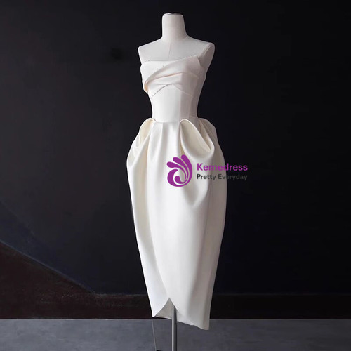 Pleated Bodice Strapless Long Dress With Slit Ivory main image 1