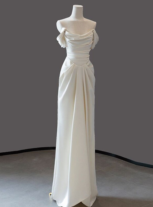 Ivory satin off-shoulder wedding dress with pleated A-line skirt front view
