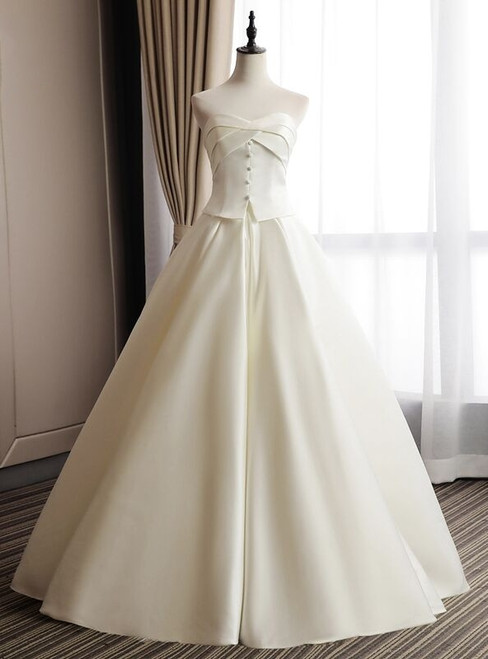 Ivory White Satin Sweetheart Button Wedding Dress