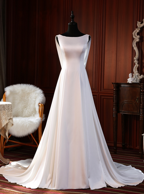 Simple White Satin Sleeveless Wedding Dress