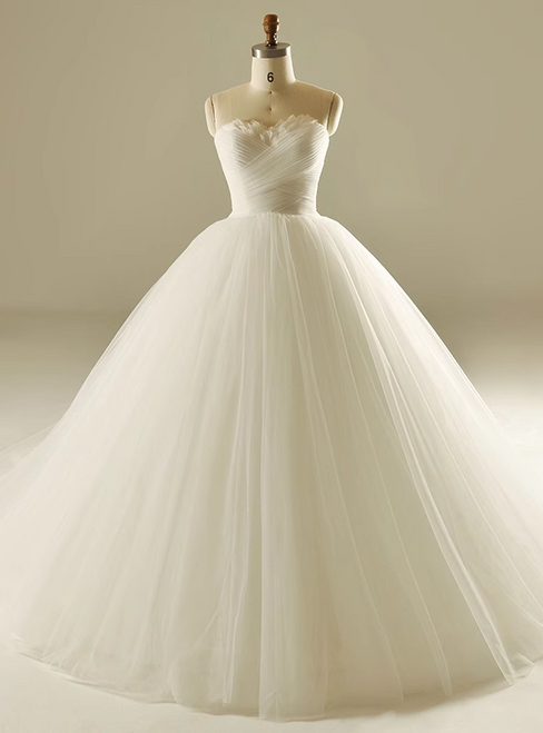 White Tulle Sweetheart Pleats Wedding Dress