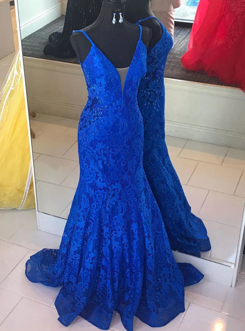 Royal Blue Mermaid Lace V-neck Prom Dress