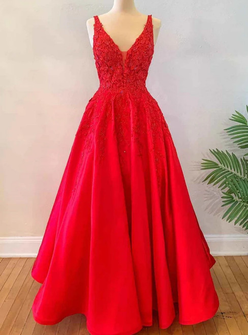 Red Satin V-neck Appliques Prom Dress