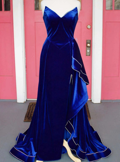 Royal Blue Velvet Strapless Split Prom Dress