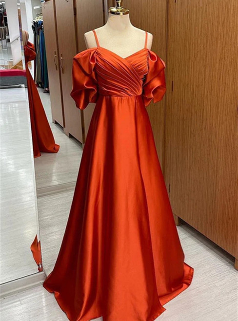 Orange Satin Spaghetti Straps Pleats Prom Dress