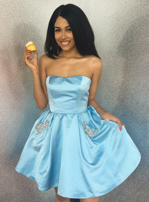 Blue Satin Strapless With Pocket Homecoming Dress