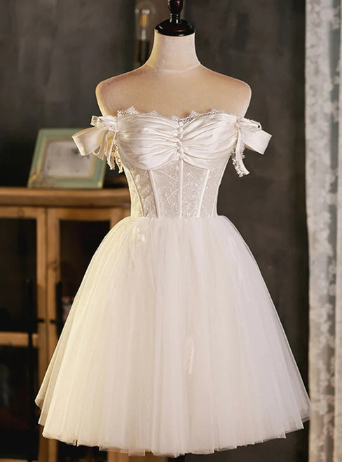 White Tulle Off the Shoulder Pleats Homecoming Dress