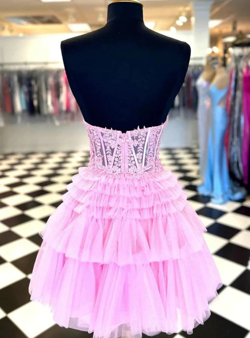Light Pink Beaded Tulle and Lace Sweetheart Homecoming Dress, Pink Tulle Prom Dress