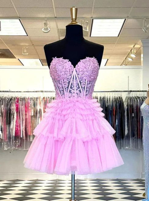 Pink Tulle Sweetheart with Lace Applique Party Dress, Pink Tulle Short Homecoming Dress main image 1
