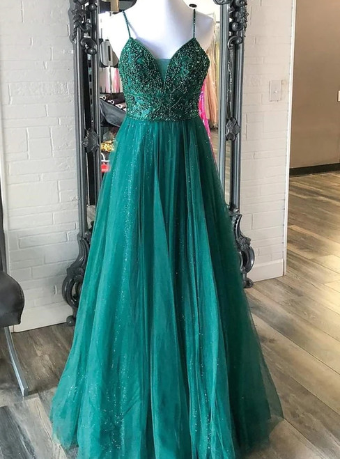 Sexy Dark Green Tulle Spaghetti Straps Beading Prom Dress