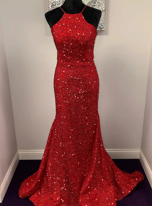 Red Mermaid Sequins Halter Backless Prom Dress