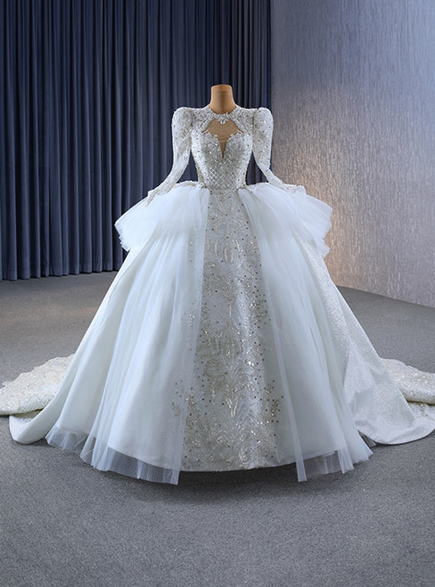 Ball Gown Long Sleeve Tulle Sequins Beading Wedding Dress