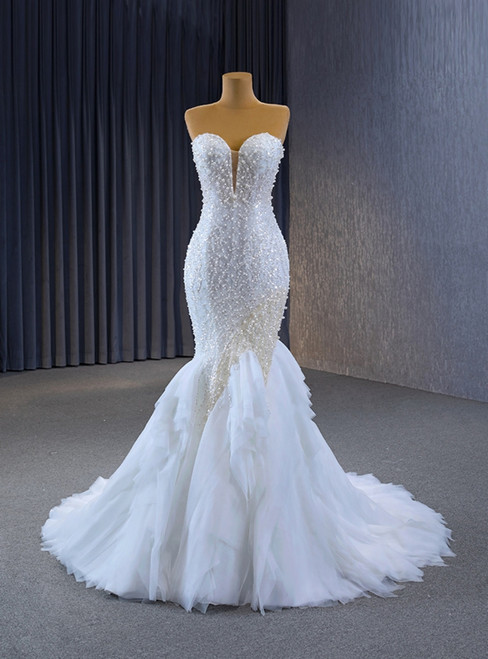 White Mermaid Sweetheart Sequins Pearls Wedding Dress