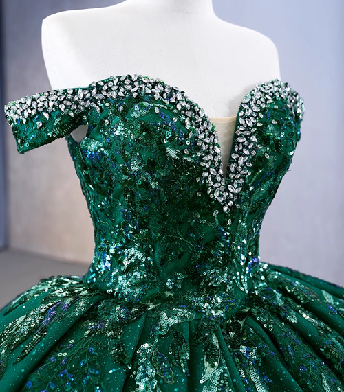 Sequins Applique Translucent Top Ruched Prom Dress Dark Green