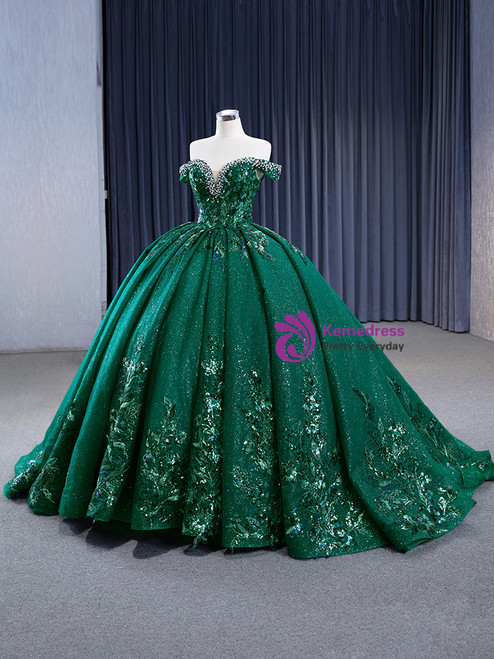 Crystal Off The Shoulder Green A Line Prom Dress With Slit
