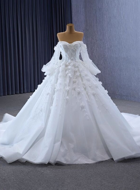 White Tulle Sweetheart 3D Flower Beading Wedding Dress With Detachable Sleeve