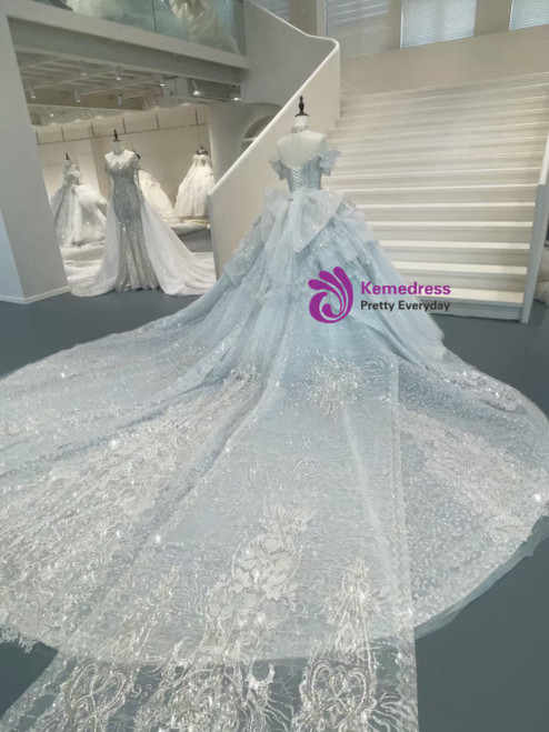 Off-the-shoulder Ball Gown Wedding Dress with Tulle and Lace Appliques
