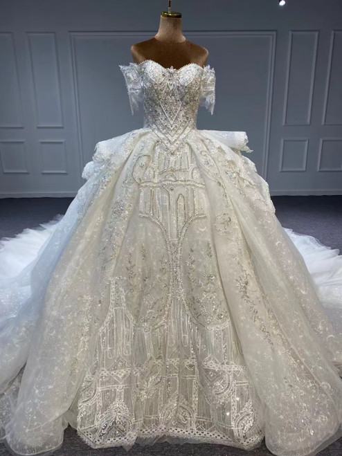 White Beading Tulle Off the Shoulder Wedding Dress